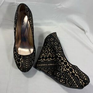 Charlotte Russe Black Lace Over Gold Satin Platform Wedge Heels